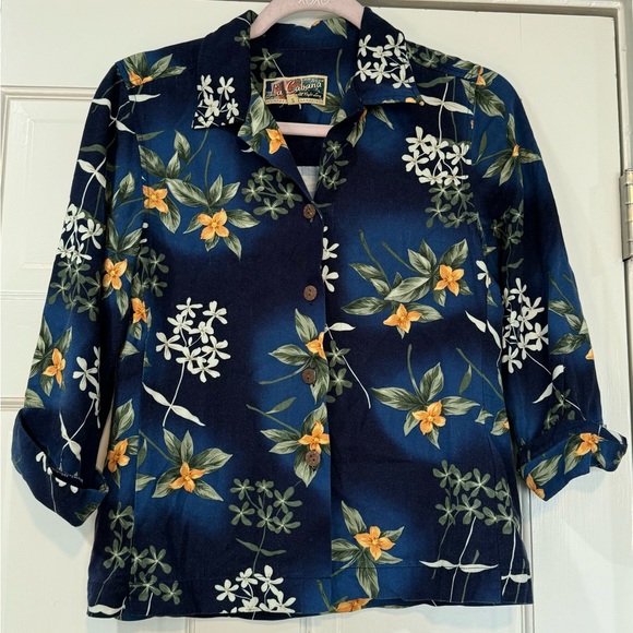 La Cabana Blue Floral Collared Button Down Short Sleeve Blouse Top Shirt Size S - Picture 1 of 7